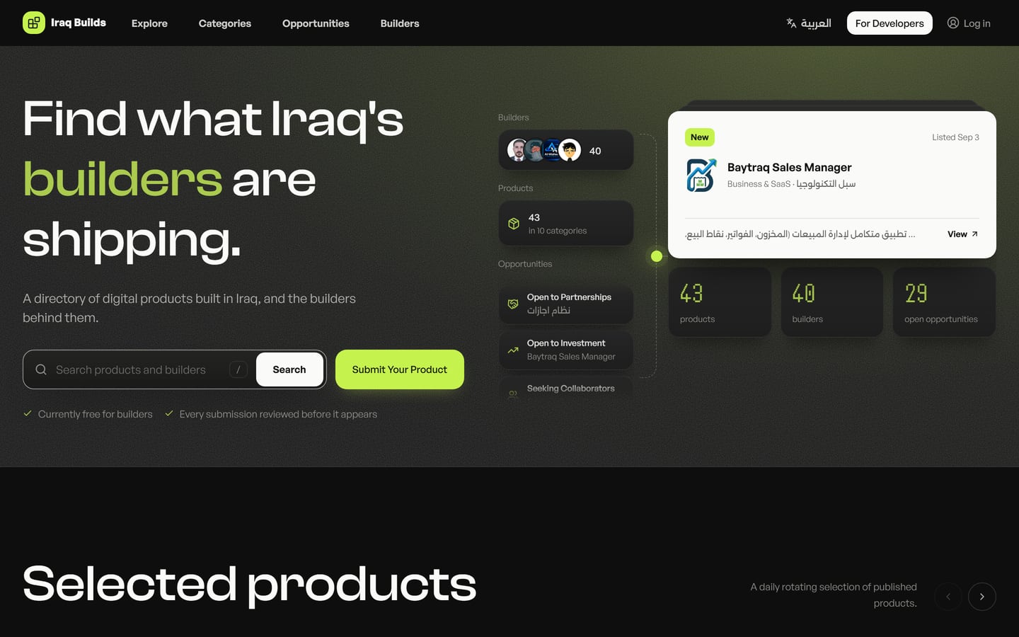 The Iraq Builds home page: the headline “Find what Iraq's builders are shipping.” beside a newly listed product card and counts of products, builders and open opportunities.