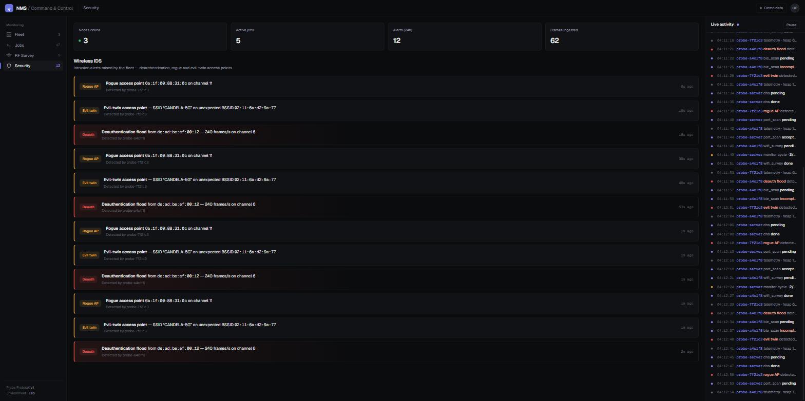 The NMS command-and-control console: a wireless intrusion-detection view listing rogue access point, evil-twin and deauthentication alerts, beside a streaming activity log.